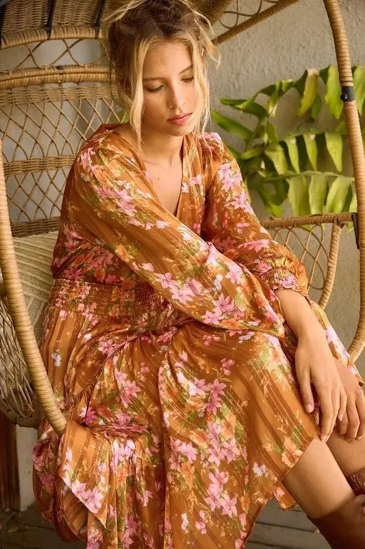 Mittoshop Flower Print Satin Lurex Stripe Smocked Midi Dress - Love Salve